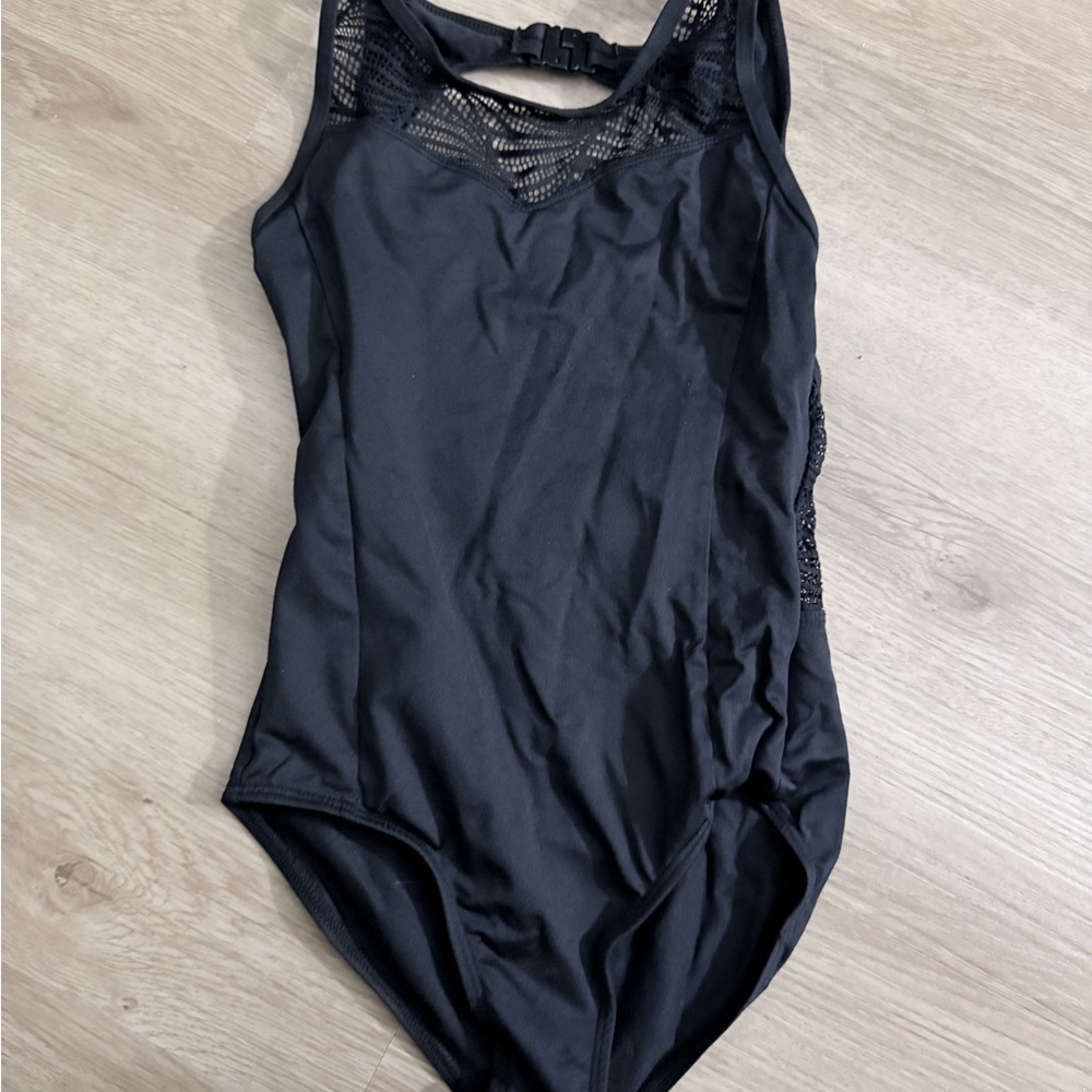 Danz N Motion Black Girls One-Piece Swim Leotard with Mesh Detail
